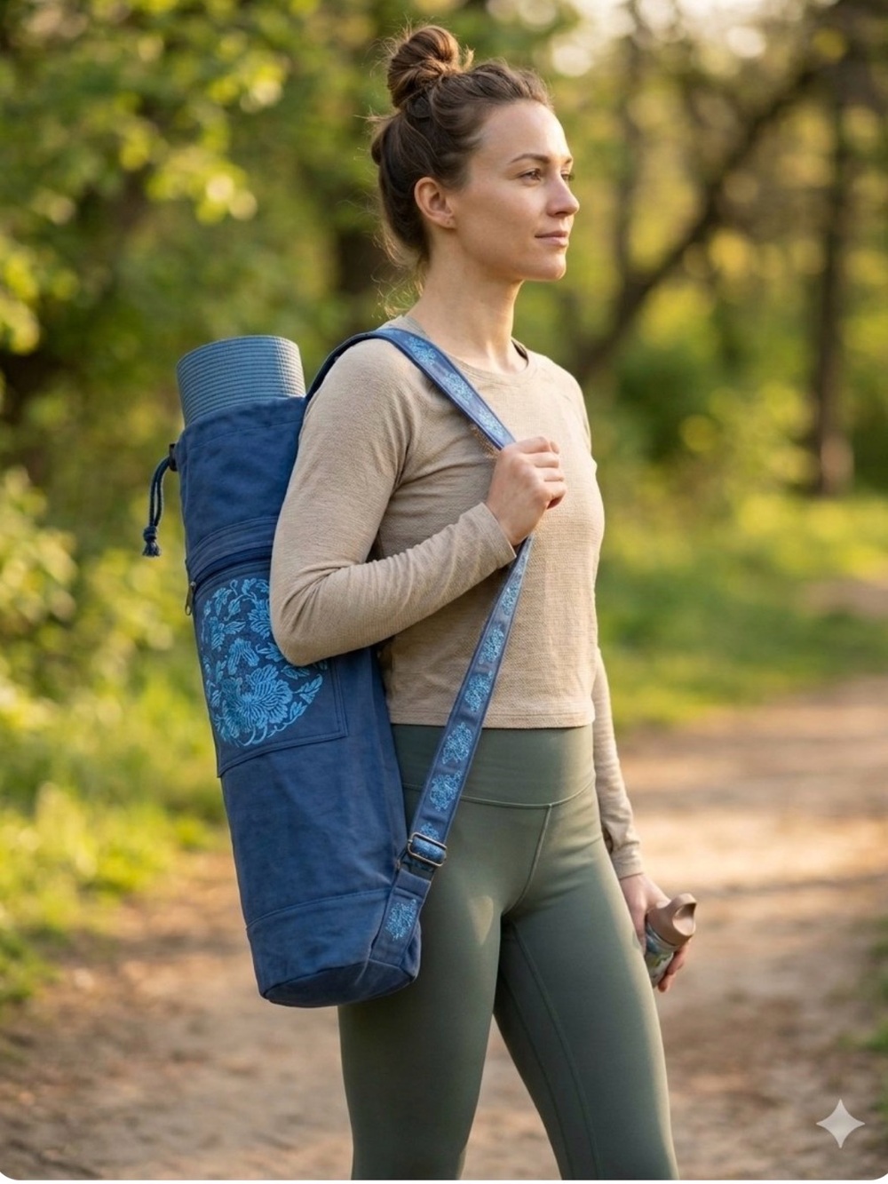 {Gaiam} Niagara Blue Cotton Yoga Mat Sling Bag Embroidered Mandala Cargo
